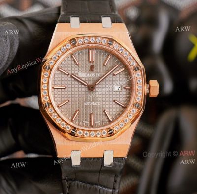 Replica Audemars Piguet Royal Oak Rose Gold Grey Dial Automatic Watch Black Leather Strap 